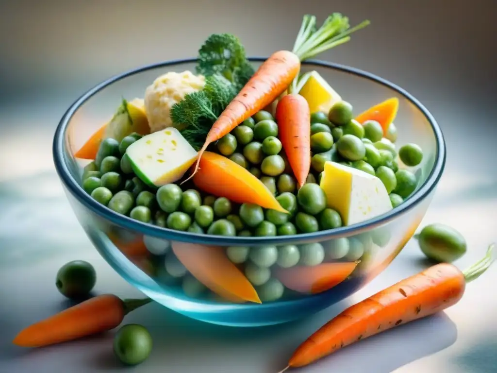 Receta ensalada rusa Carnaval Uruguayo: Detallada acuarela de vibrantes vegetales en un tazón, celebrando la frescura y colores festivos