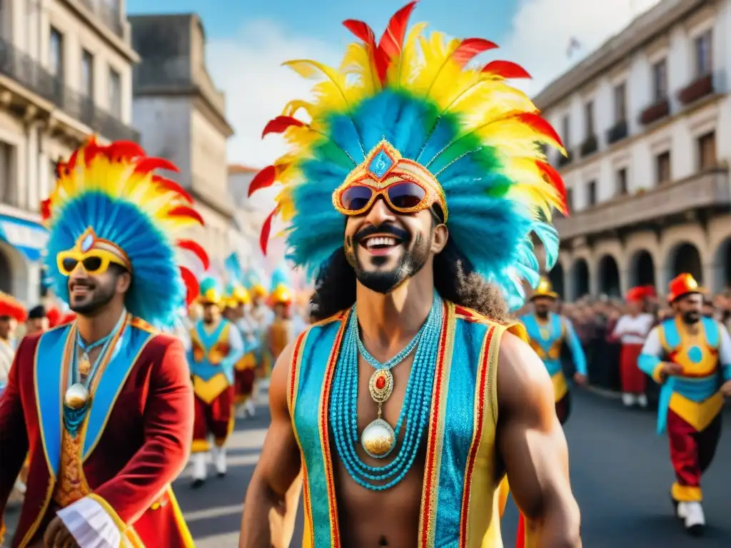 Recorridos guiados Carnaval Uruguayo: Desfile vibrante con bailarines coloridos y espectadores animados en las calles de Uruguay