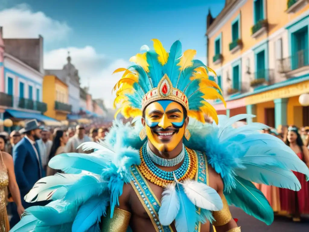 Reserva en hoteles para Carnaval en Uruguay: vibrante ilustración de desfile colorido y festivo en las calles