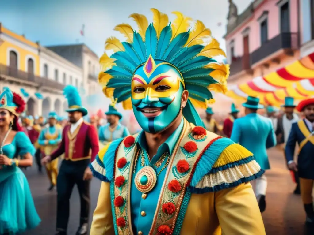 Resiliencia del Carnaval Uruguayo: Pintura acuarela vibrante de un desfile colorido y animado en Uruguay, con trajes detallados y música tradicional