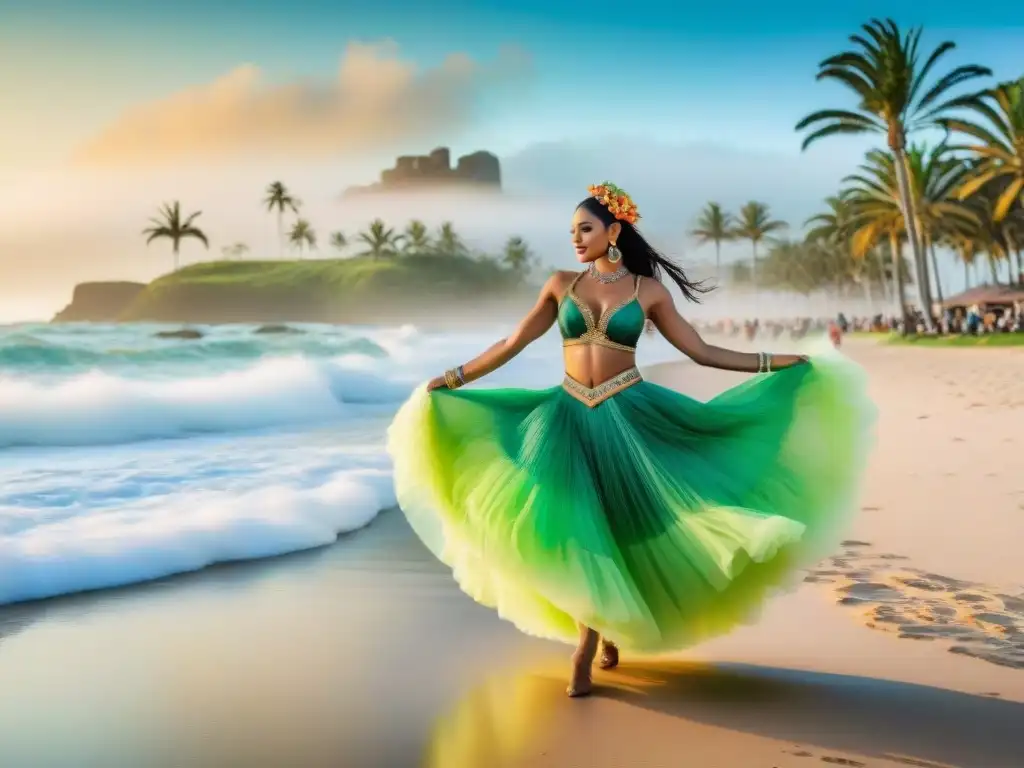 Playa serena en Uruguay: Desfile de coloridos danzantes en Carnaval Retiros de bienestar durante Carnaval: Coloridos bailarines en la playa de Uruguay reflejan la alegría festiva bajo un cielo despejado