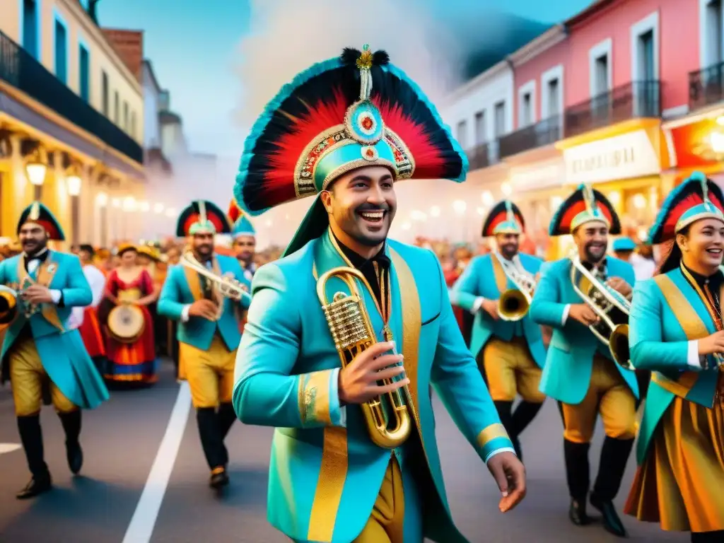 Retratistas del Carnaval Uruguayo llenan la imagen de alegría, color y tradición festiva en vibrante ilustración acuarela