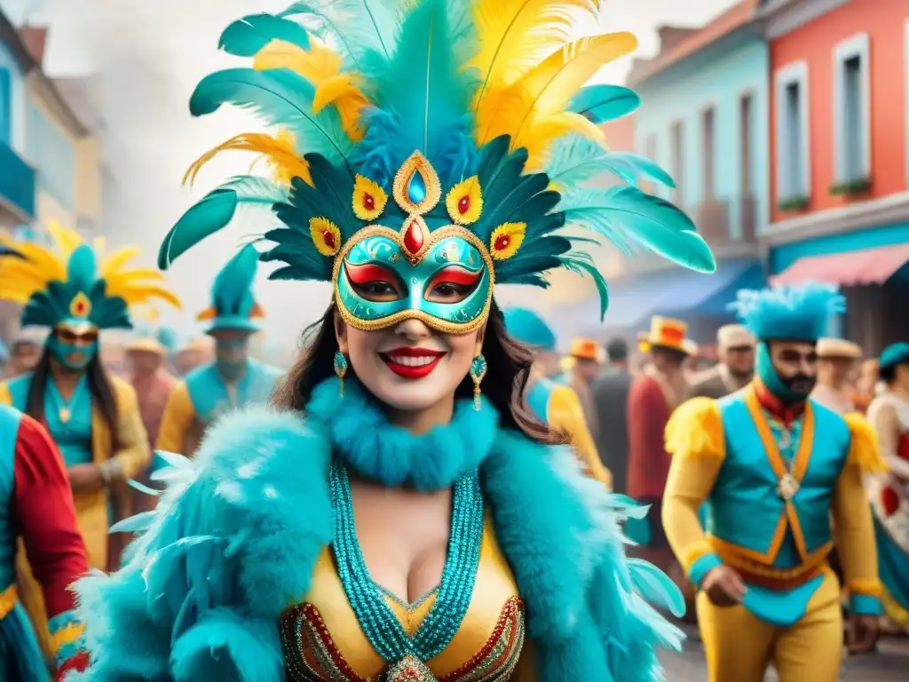 Retratistas del Carnaval Uruguayo: Vívida pintura acuarela de festivos participantes con máscaras y trajes coloridos en Uruguay