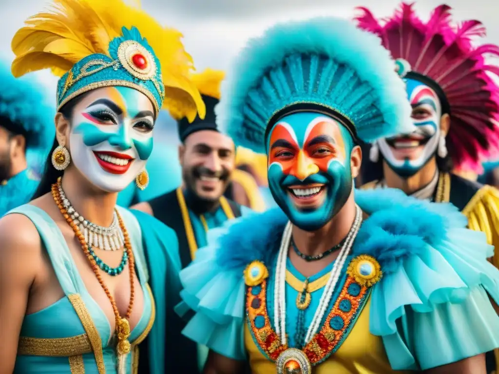 Un retrato acuarela de parodistas veteranos del Carnaval Uruguayo compartiendo risas y camaradería, vistiendo trajes coloridos y detallados