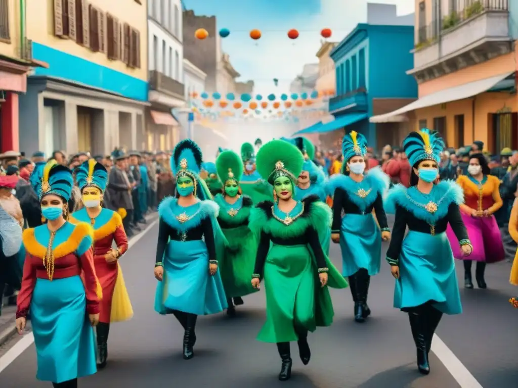 Retrato alegre del Carnaval Uruguayo con desfile colorido y diverso, lleno de alegría y tradición en las calles