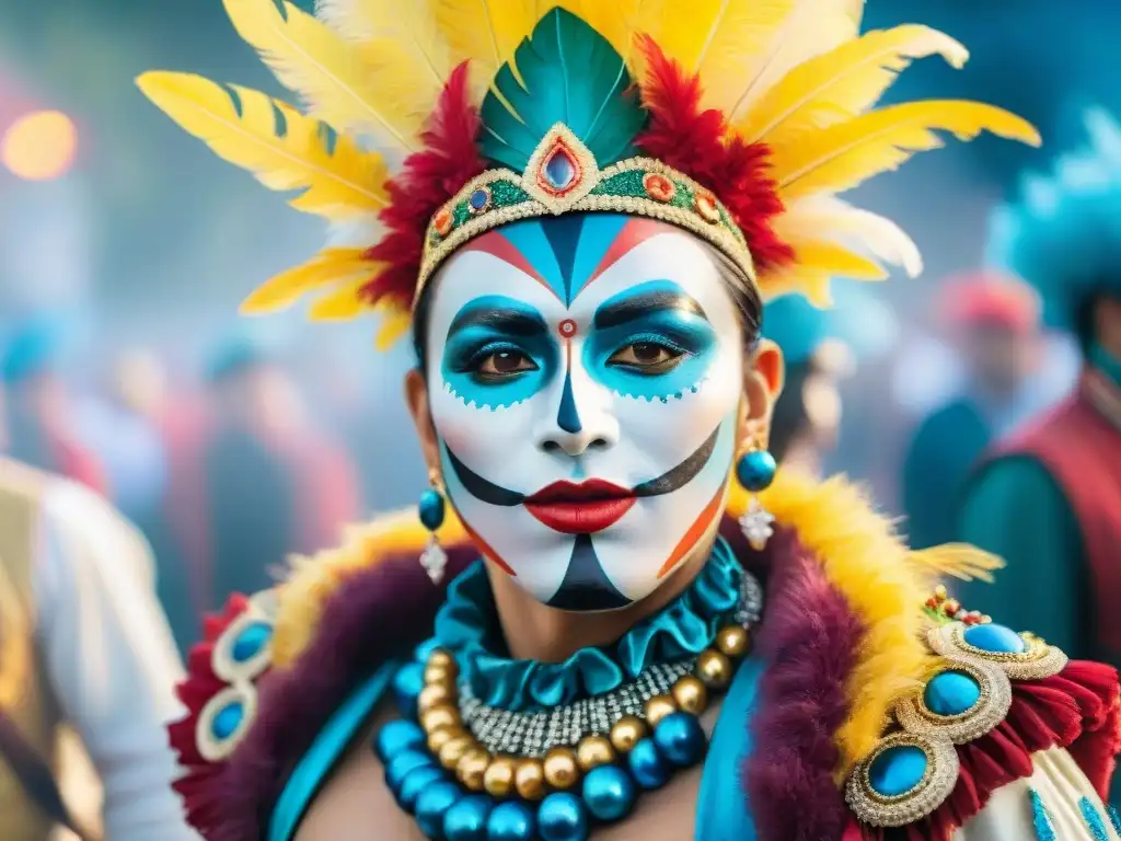 Un retrato colorido y emocional de un artista en el Carnaval Uruguayo, mostrando alegría y misterio