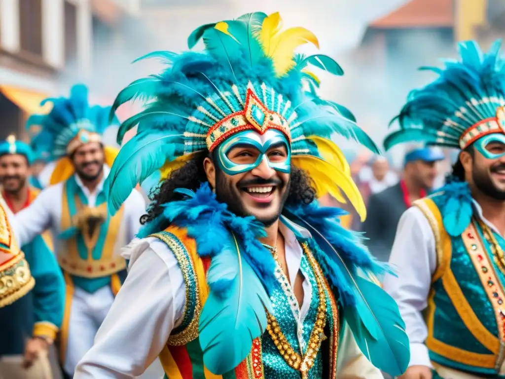 Retratos de alegría en el Carnaval Uruguayo, con vibrantes trajes tradicionales y baile callejero