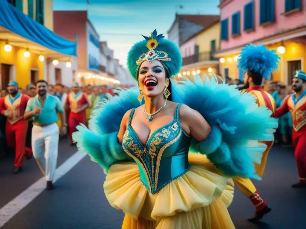 Revistas documentan evolución Carnaval Uruguayo: Desfile colorido con bailarines y música vibrante