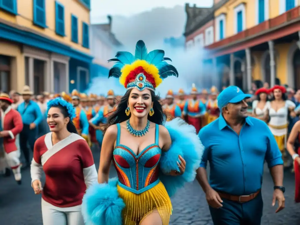 Riqueza cultural Carnaval Uruguayo: Vibrante pintura acuarela de Carnaval en Uruguay, llena de color y energía festiva