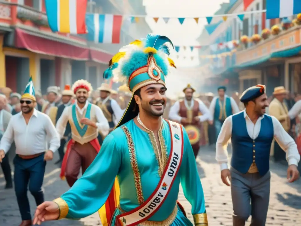 Riqueza cultural del Carnaval Uruguayo en tierras lejanas: vibrante celebración con música, baile y coloridas vestimentas