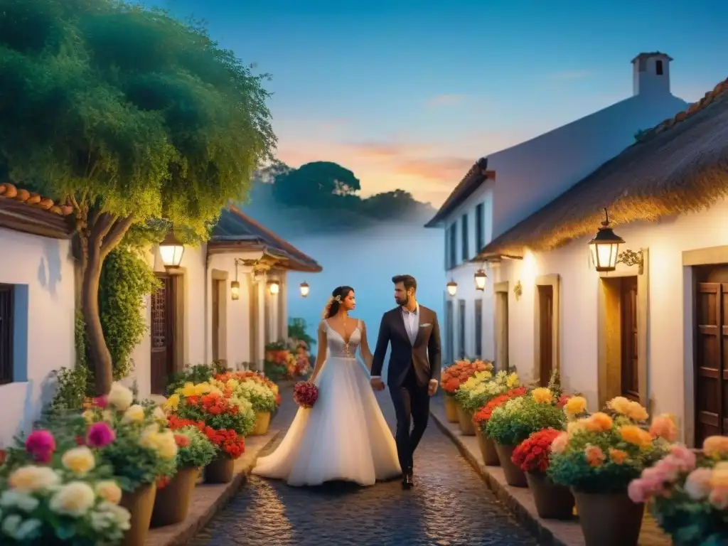 Romántico hotel colonial en Uruguay durante Carnaval, rodeado de vegetación y flores coloridas bajo un cielo estrellado