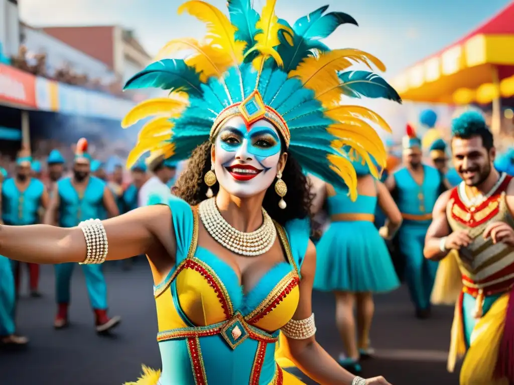 Salud artistas del Carnaval Uruguayo danzando con pasión y alegría entre la multitud enérgica y colorida de un desfile festivo