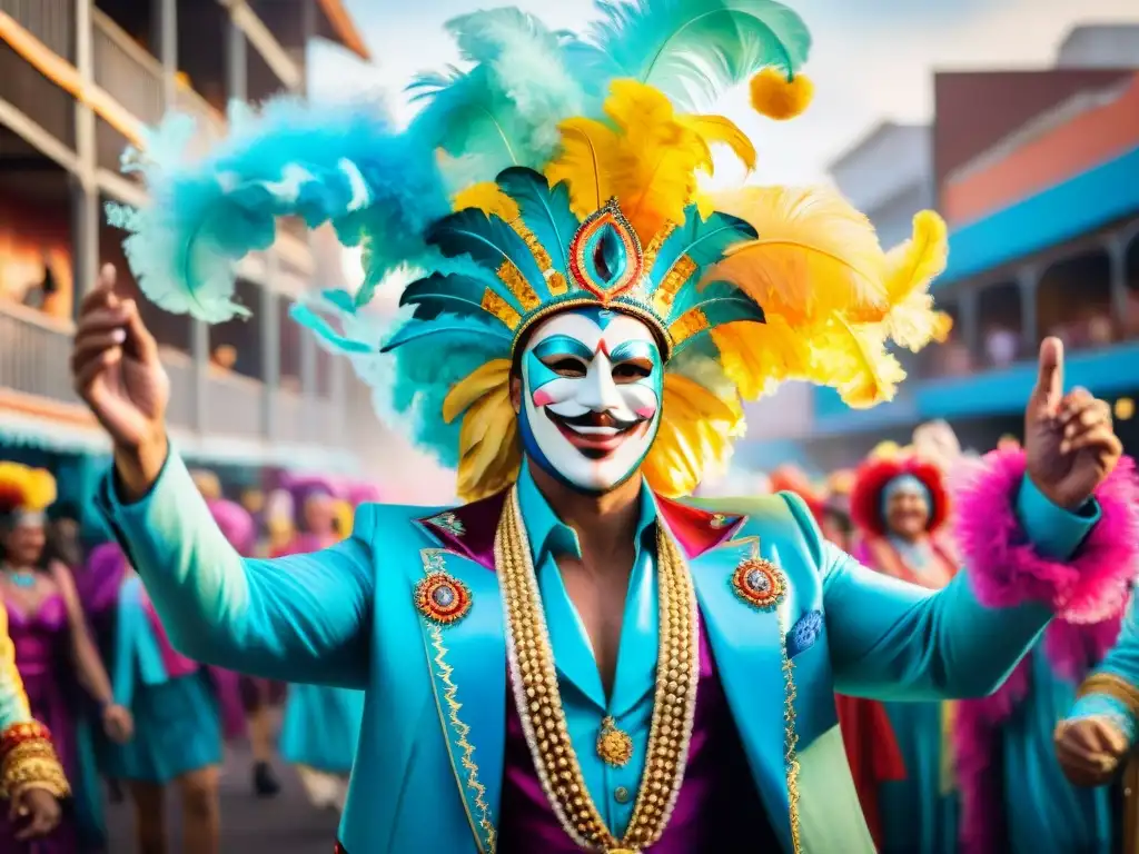 Salud artistas Carnaval Uruguayo: Colorido desfile de carnaval en Uruguay con vibrantes trajes y máscaras, alegría y comunidad