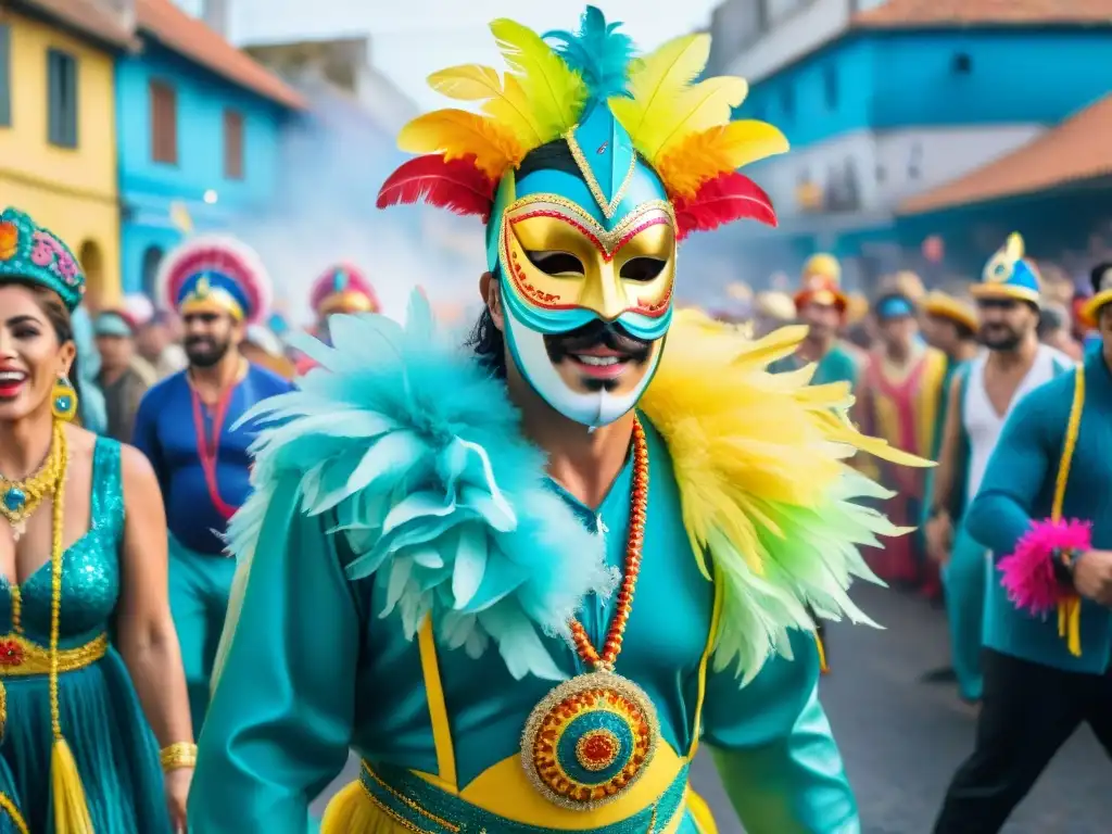 Secretos de organización del Carnaval Uruguayo: desfile vibrante y caótico con bailarines y espectadores festivos