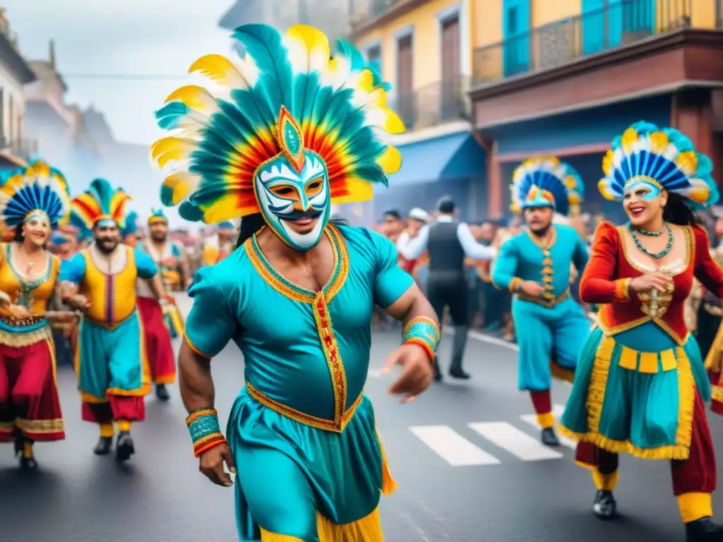 Sumérgete en el Carnaval Uruguayo: una calle vibrante llena de coloridos trajes, máscaras e inolvidable música festiva