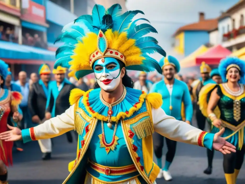 Sumérgete en el Carnaval Uruguayo: una ilustración acuarelada vibrante de la festiva calle llena de coloridos desfiles y bailes