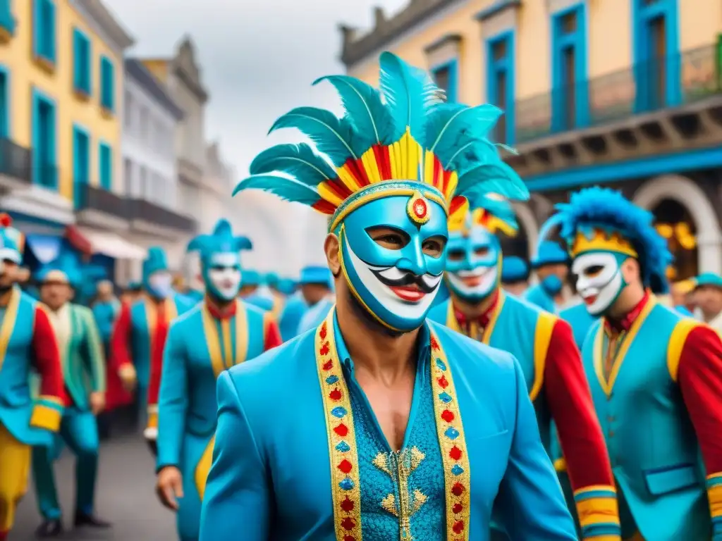 Sumérgete en el Carnaval Uruguayo con una vibrante pintura acuarela de un desfile festivo y colorido