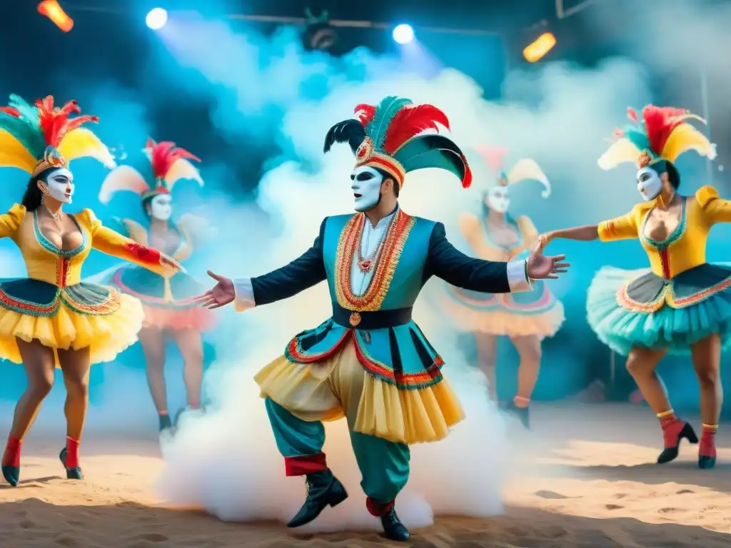 Un tablado virtual del Carnaval Uruguayo con bailarines coloridos y detalles vibrantes