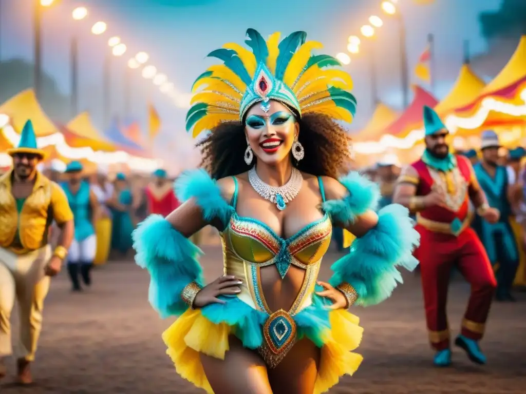 Tablados virtuales Carnaval Uruguayo: Pintura acuarela vibrante de escenario de carnaval con coloridos trajes, música y bailarines