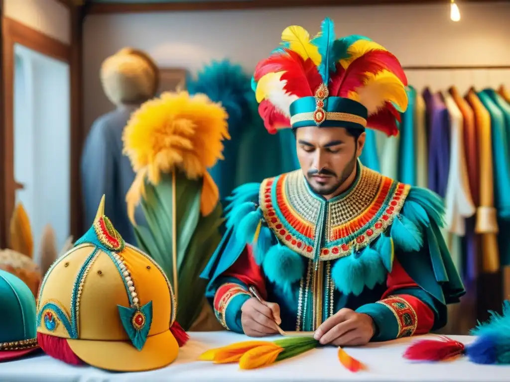 Un taller bullicioso donde artesanos crean Disfraces del Carnaval Uruguayo con pasión y detalle, rodeados de colores vibrantes