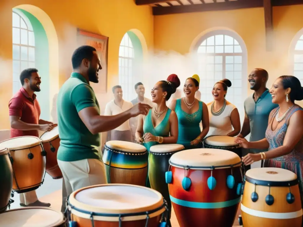 Un taller de candombe creativo en Uruguay, con personas diversas tocando tambores con alegría en un ambiente vibrante y colorido