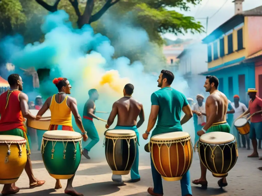 Talleres de candombe en Uruguay: Grupo diverso disfruta de un taller bajo ceibos, edificaciones coloridas al fondo