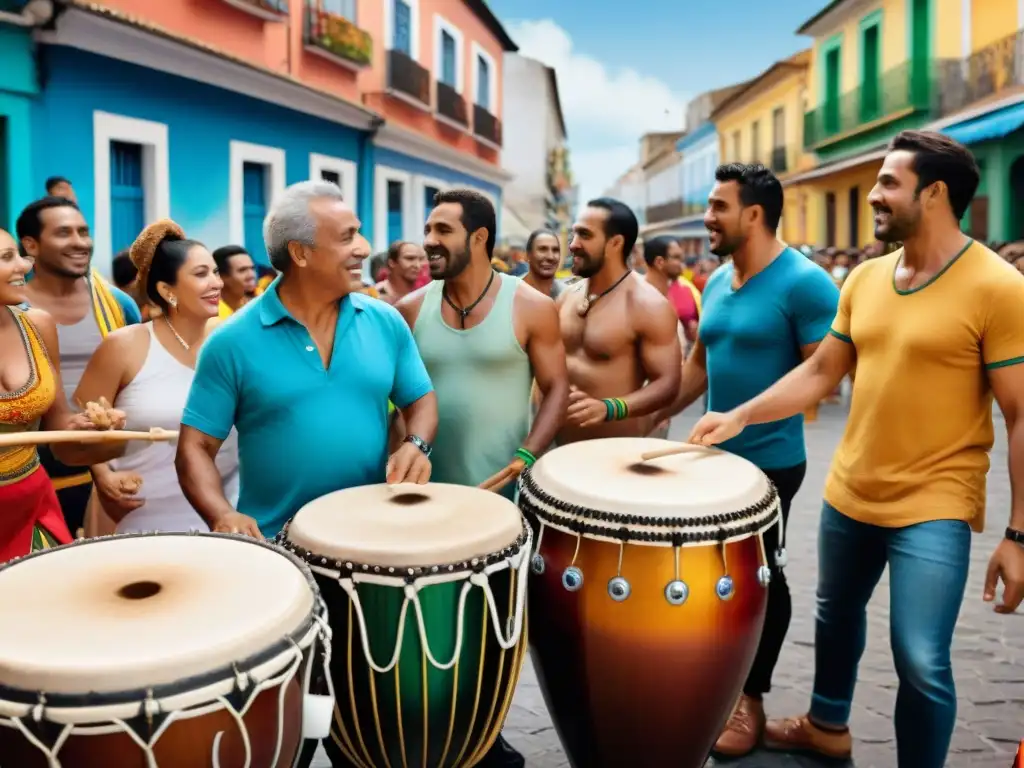 Talleres de Candombe en Uruguay: Vibrante pintura de una diversa comunidad participando apasionadamente en un taller de Candombe