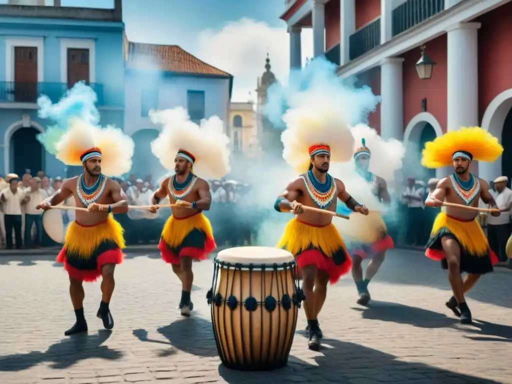 Talleres de Candombe en Uruguay: Vibrante pintura acuarela de tamborileros en plaza soleada