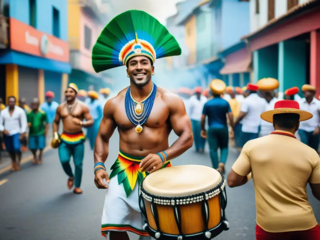 Un tamborilero energético en un desfile de Candombe, rodeado de alimentos coloridos, simbolizando una dieta equilibrada para un rendimiento óptimo