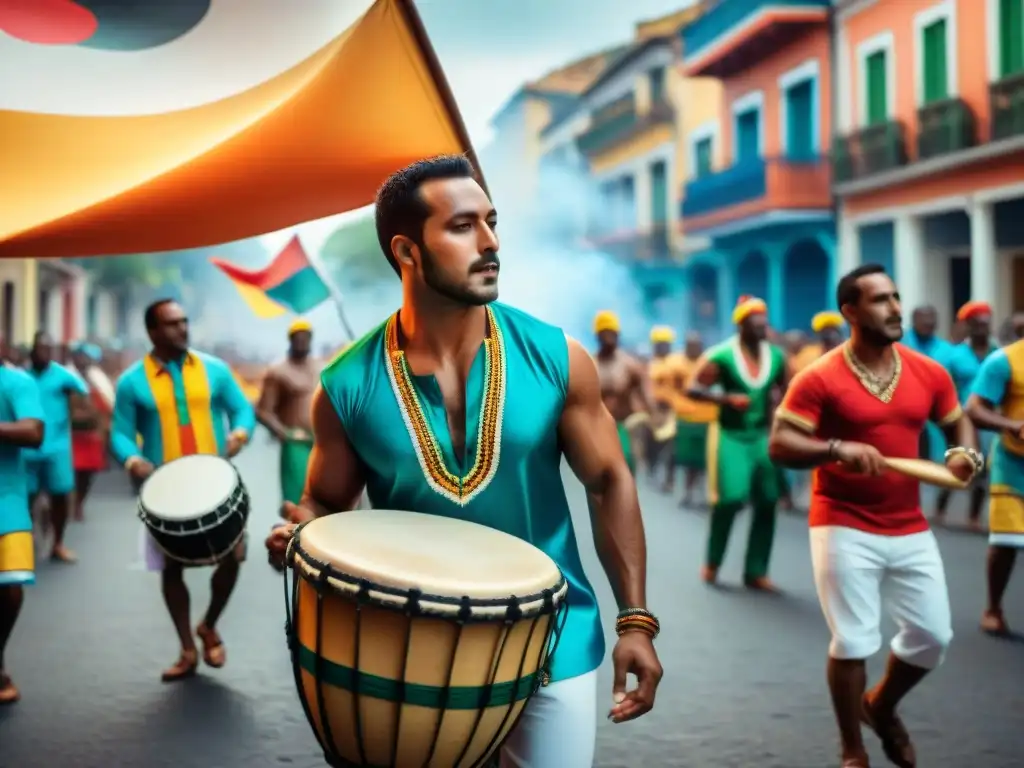 Un tamborilero experto tocando un tambor en un vibrante desfile de Candombe