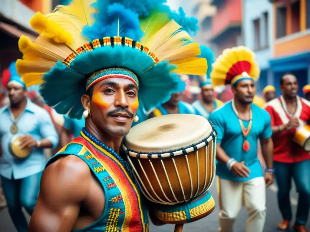 Tamborileros expertos interpretan Candombe con pasión y colorido en vibrante ilustración acuarela de desfile callejero