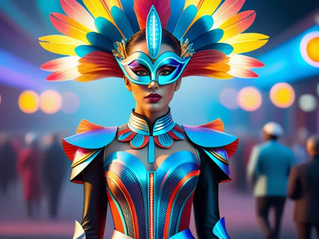 Un traje de carnaval futurista con elementos digitales brillantes y holográficos