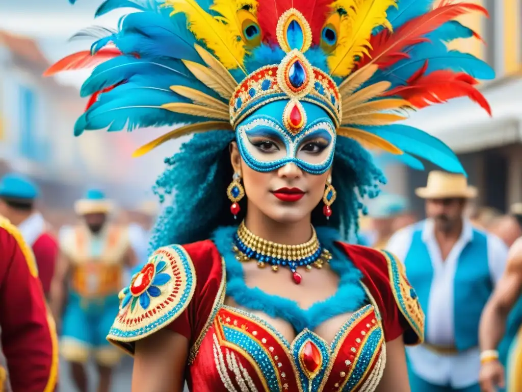 Un traje de Carnaval uruguayo: bordados intrincados, colores vibrantes de rojo, azul y dorado, encajes delicados y lentejuelas brillantes