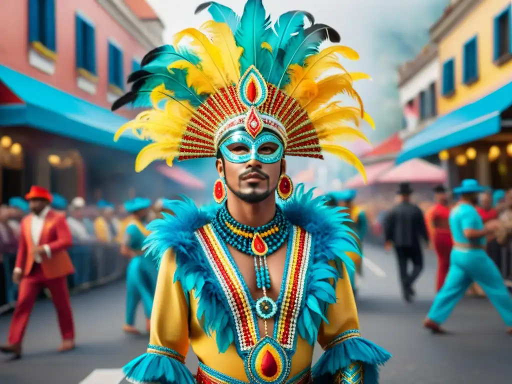 Un traje de Carnaval Uruguayo con joyas ocultas y colores vibrantes en medio de la celebración callejera