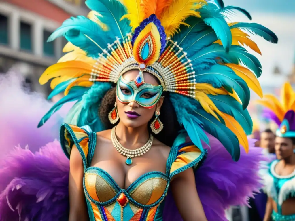 Un traje de carnaval uruguayo vibrante y elaborado, con detalles intrincados y colores brillantes, en medio de un desfile bullicioso