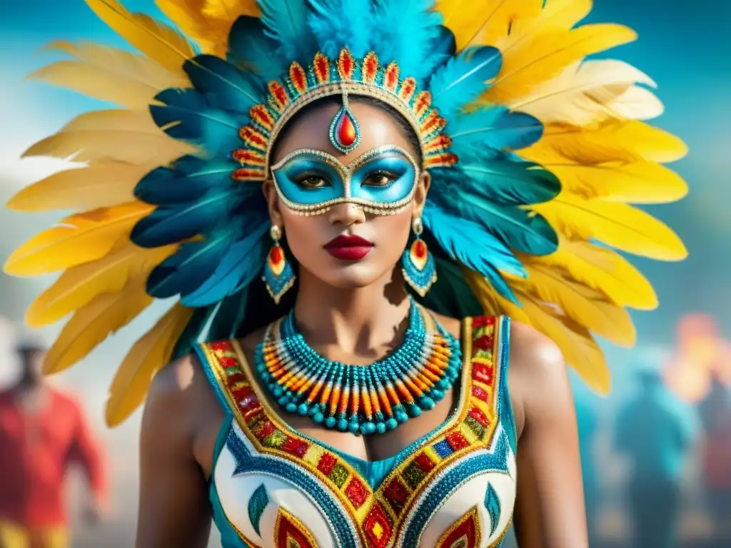 Un traje de carnaval vibrante inspirado en las raíces culturales del Carnaval Uruguayo, con detalles de plumas y bordados