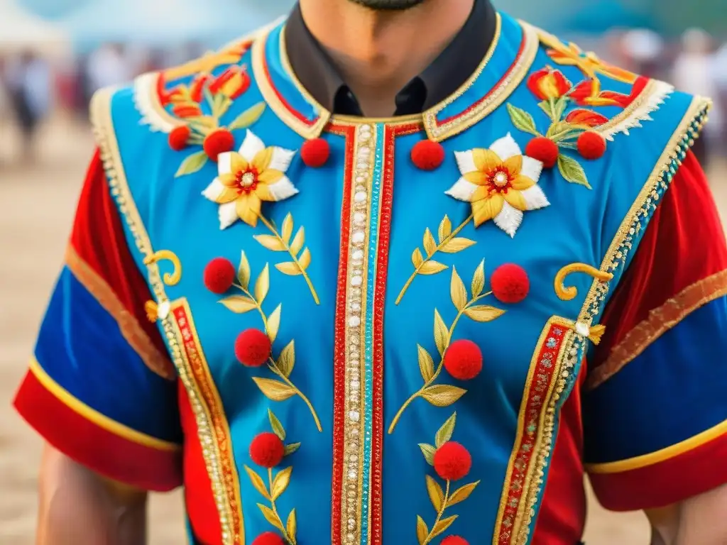 Un traje histórico del Carnaval Uruguayo, detallado y vibrante en colores rojo, azul y dorado, con bordados y lentejuelas intrincados