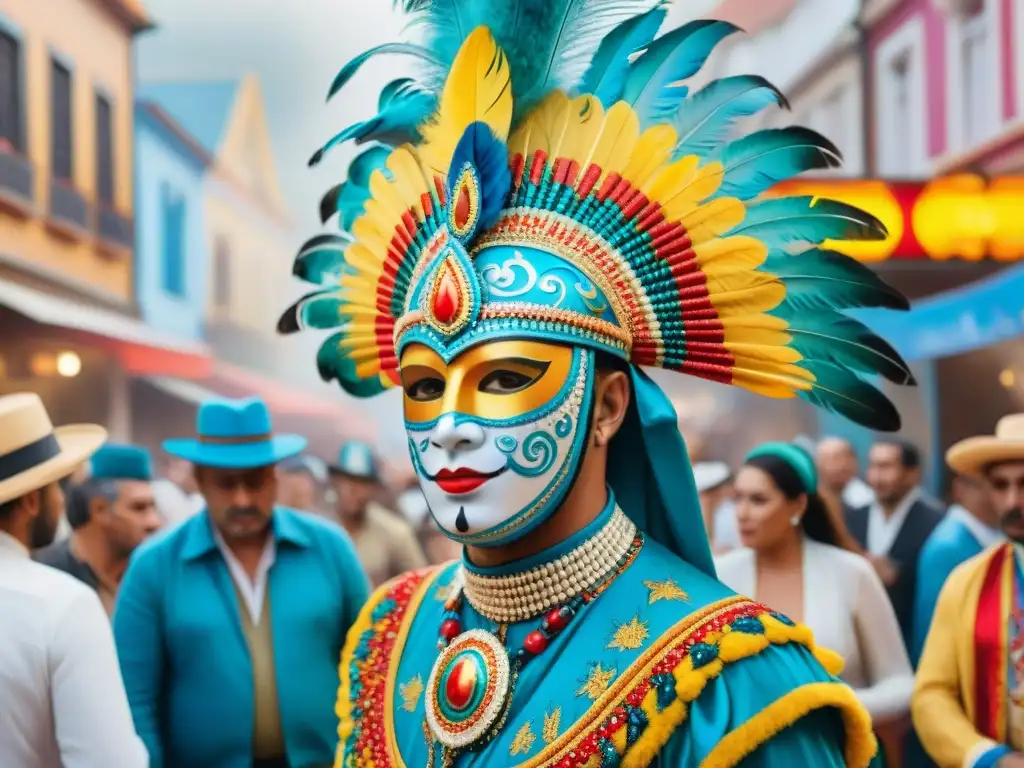 Traje perfecto para Carnaval Uruguayo: Detalle vibrante de un traje tradicional con plumas, lentejuelas y bordados, en una calle festiva