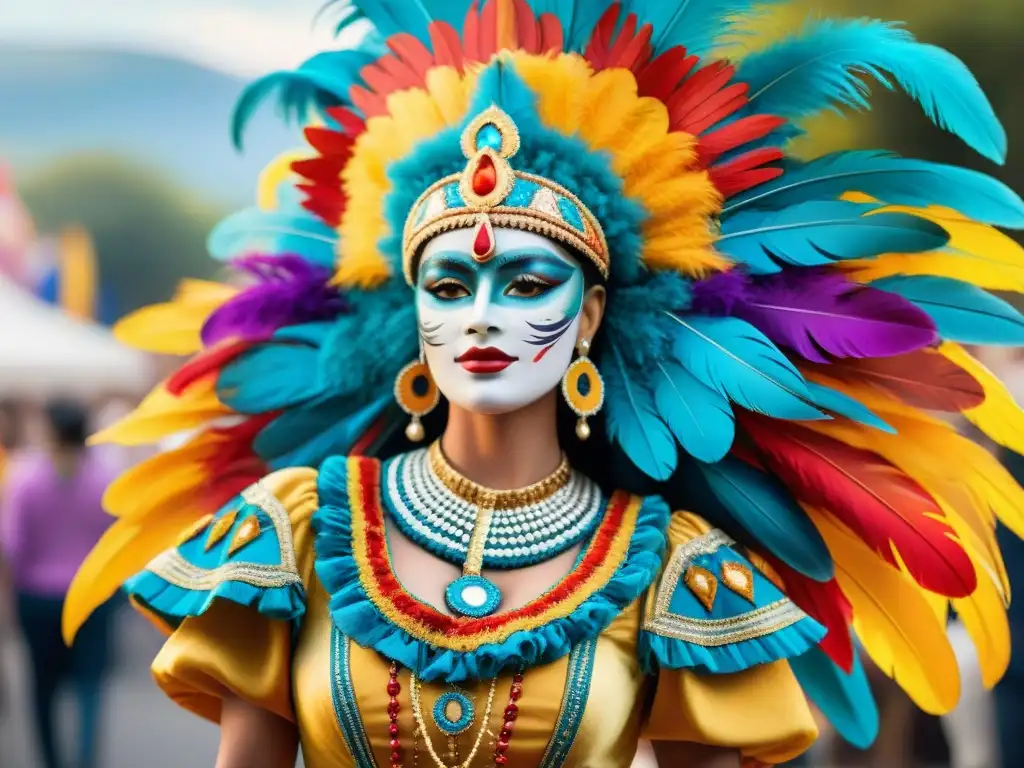 Conservación trajes Carnaval Uruguayo: Coloridos trajes de Carnaval uruguayo en acuarela, detallados y vibrantes