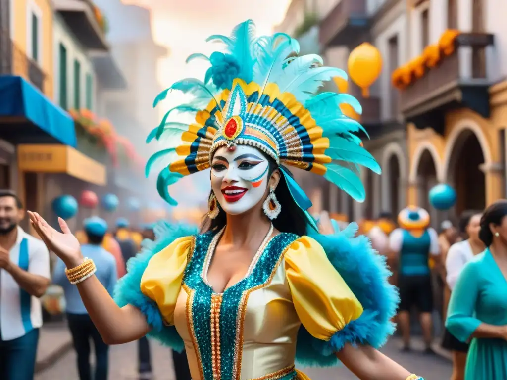 Colección de trajes de carnaval uruguayo en vibrante y bulliciosa escena festiva con danzas, música y desfiles coloridos