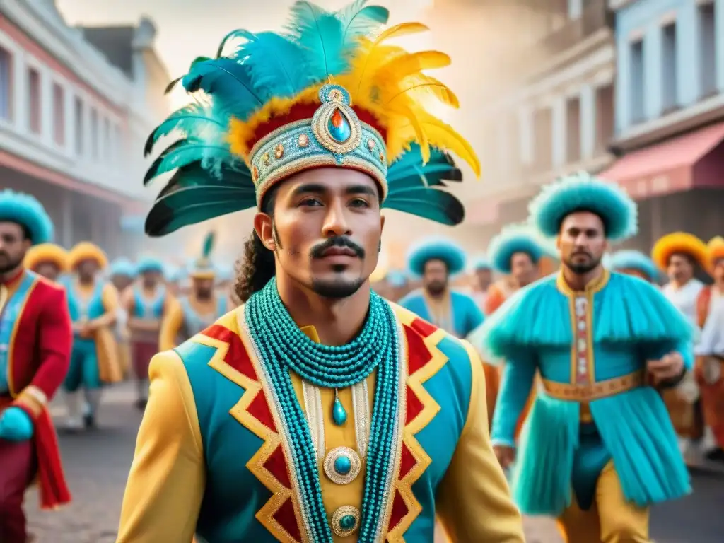 Trajes vibrantes del Carnaval Uruguayo: Detalle y color en cada prenda, celebración festiva en las calles