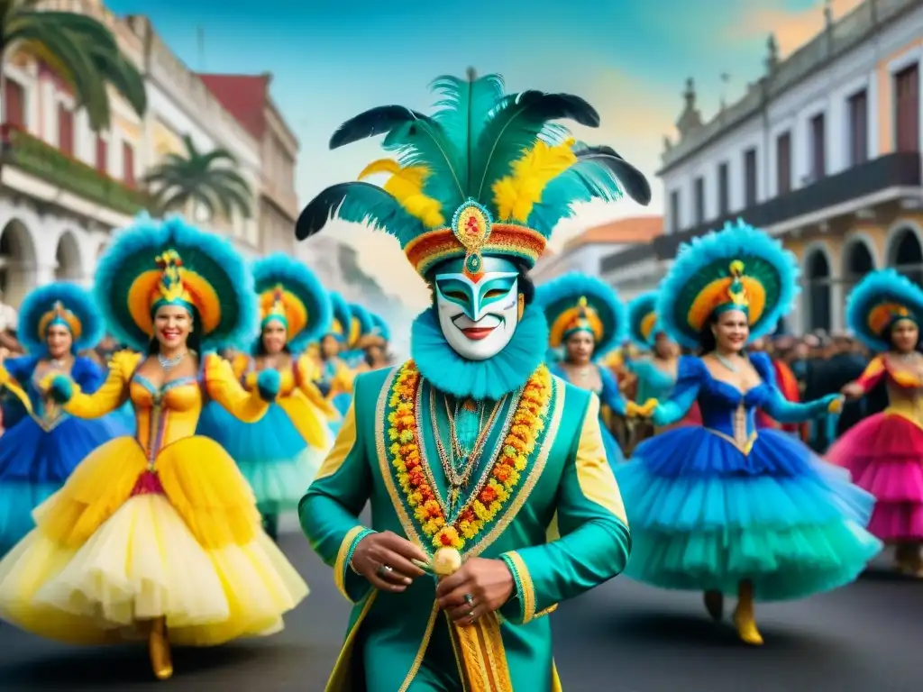 Transformaciones políticas Carnaval Uruguayo: Desfile vibrante con coloridos carros alegóricos, bailarines y músicos en un festivo escenario colonial