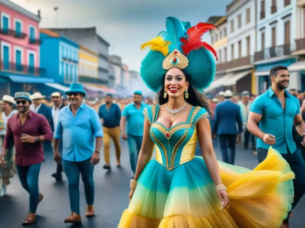 Turismo cultural: Carnaval Uruguayo en una vibrante pintura acuarela de una bulliciosa calle festiva