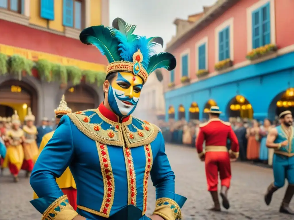 Turismo cultural en Carnaval Uruguayo: Pintura acuarela vibrante de desfile callejero con colores y energía festiva