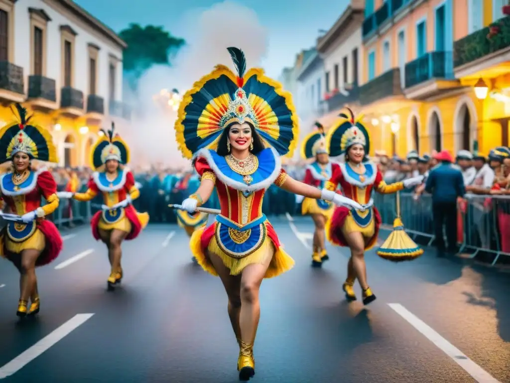 Turismo cultural en Carnaval Uruguayo: Pintura acuarela detallada de desfile vibrante con bailarines y carrozas coloridas en la calle