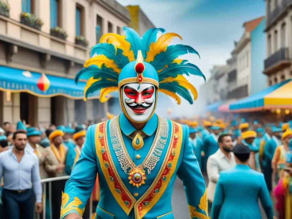 Turismo cultural en Carnaval Uruguayo: Desfile vibrante con coloridos carros alegóricos, bailarines y espectadores emocionados