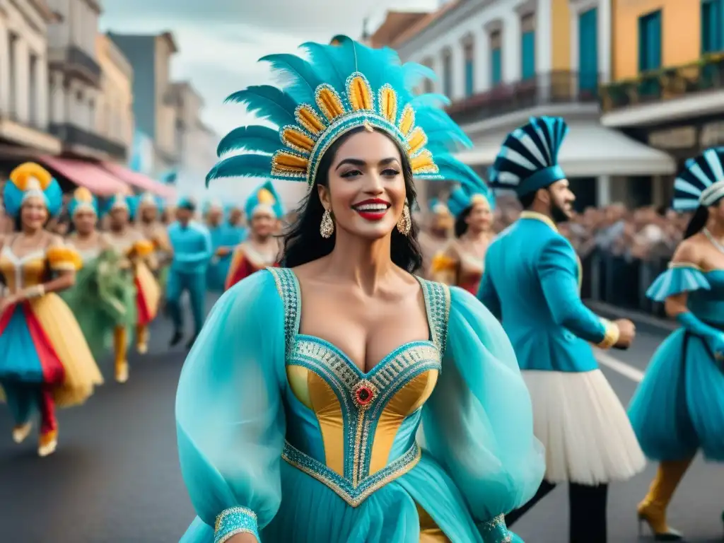 Una Vedette afrouruguaya lidera un vibrante desfile de Carnaval en Uruguay, rodeada de coloridos trajes y alegría