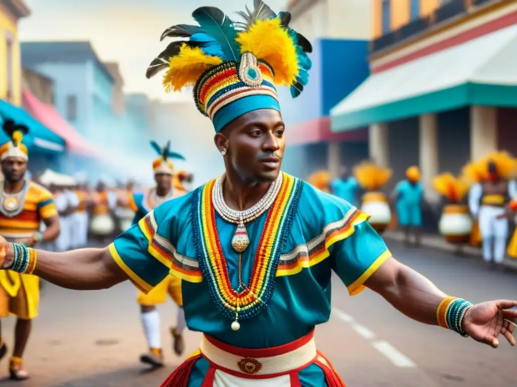 Vestuario tradicional africano vibrante en celebración de Candombe