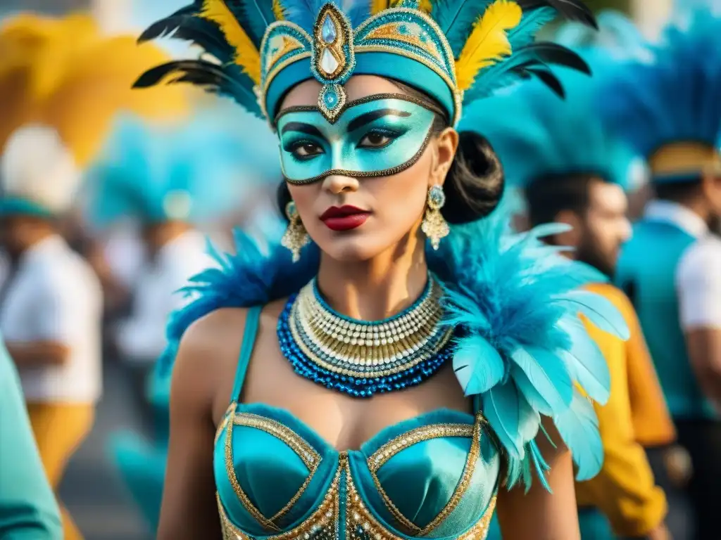 Evolución de vestuarios de Carnaval Uruguayo desde lo tradicional a lo moderno, con colores vibrantes y detalles brillantes