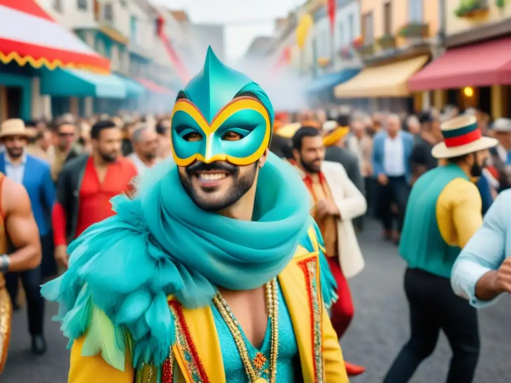 Un viajero disfruta del animado desfile del Carnaval en Uruguay, rodeado de coloridos disfraces y carrozas